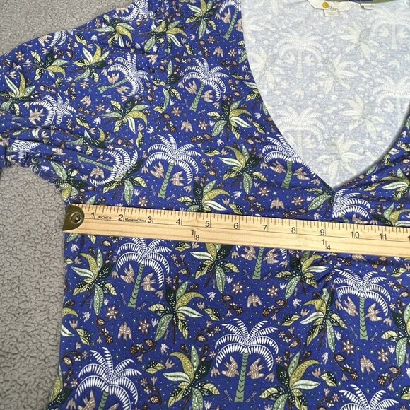 Boden Dress US Size 12 Blue Palm Trees Ruched V-Neck Pockets Swing Puff Sleeve - Picture 8 of 15